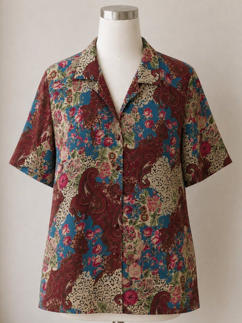Vintage Y2K DonnKenny Women's Paisley Floral Leopard Print Button Up Blouse